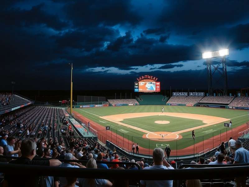 Baseball stadium at night with lights on and game in action