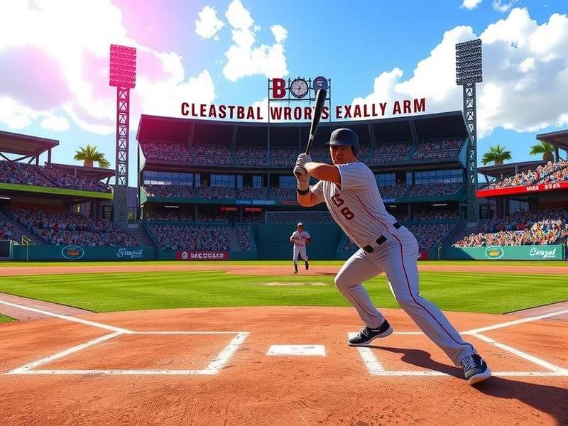 A digital rendering of a baseball player hitting a home run in a vibrant video game setting