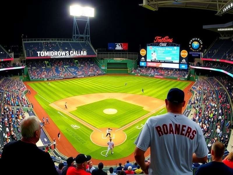 MLB stadium at night with lights on