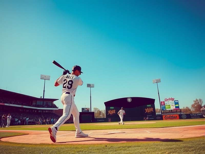 A dramatic sunset over a baseball stadium with players in silhouette