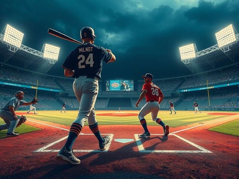 Majestic baseball stadium at night with full crowd and lights