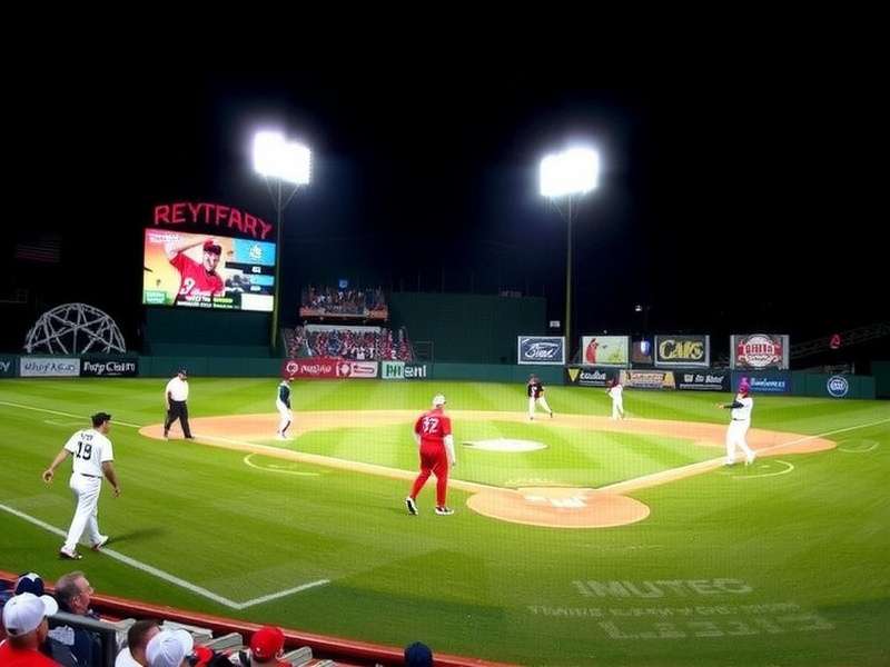 Baseball stadium at night with lights on and game in action