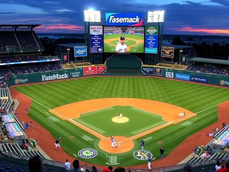 A packed stadium during a night baseball game with bright lights and fans cheering