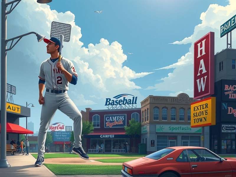 A small-town baseball field at dusk with lights on, empty bleachers waiting for fans