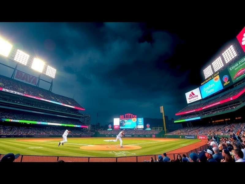 MLB pitcher throwing a fastball during a night game