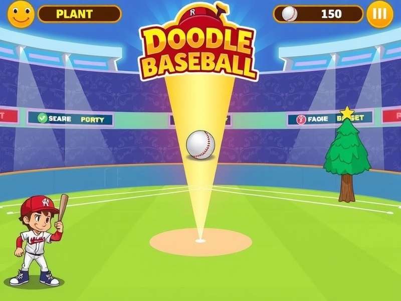 Colorful doodle style baseball illustration with players and stadium