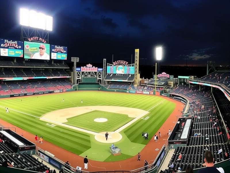 Yankee Stadium lit up at night during a baseball game