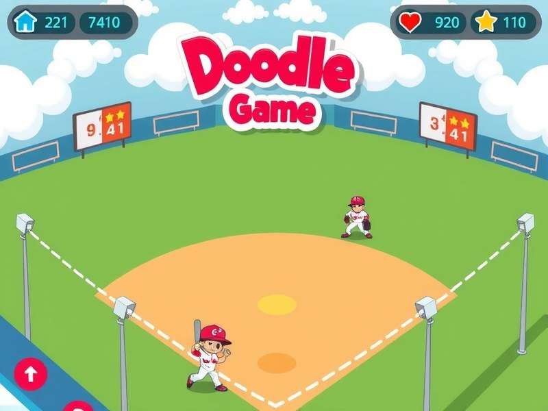 Gameplay screenshot of Doodle Baseball Game 2019 showing a batter hitting a ball