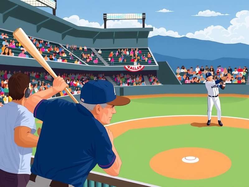 Panoramic view of a modern baseball stadium at dusk, lights shining on the pristine field