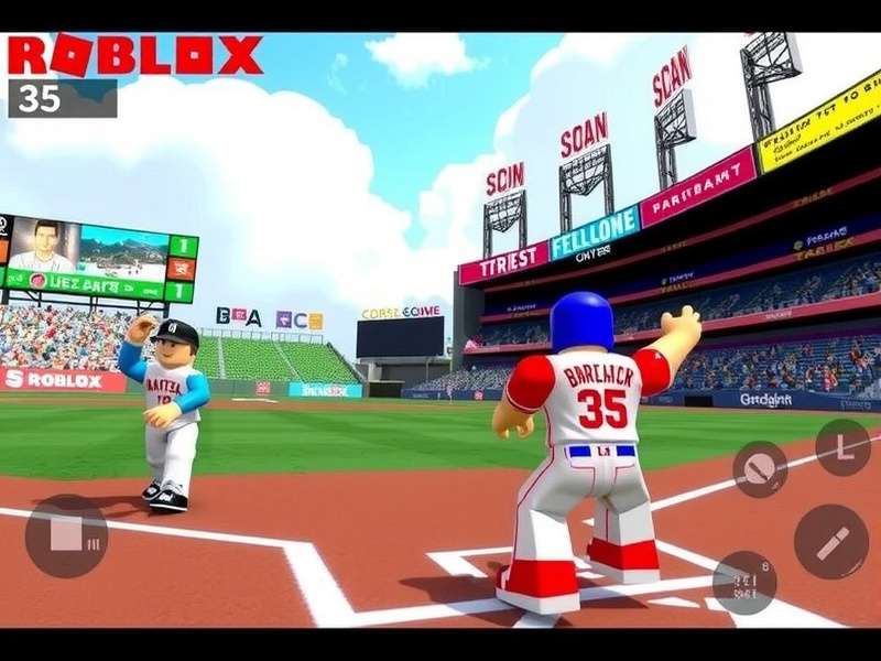 Thriving Roblox baseball game scene with players batting and fielding