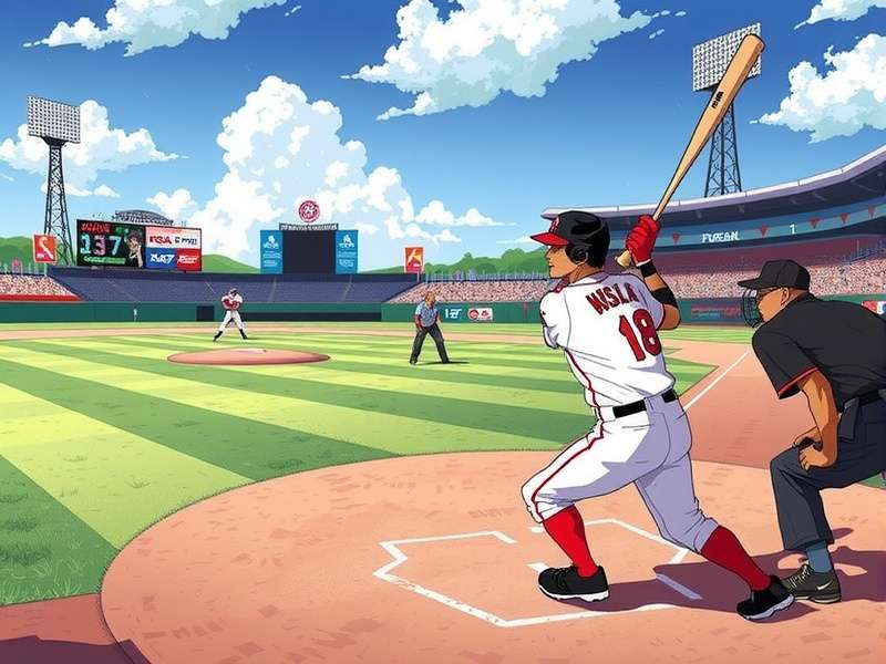 Baseball stadium with players during a day game