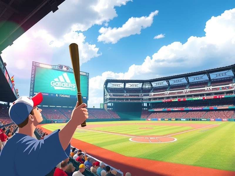 Baseball stadium at night with a live game in action, lights shining on the field