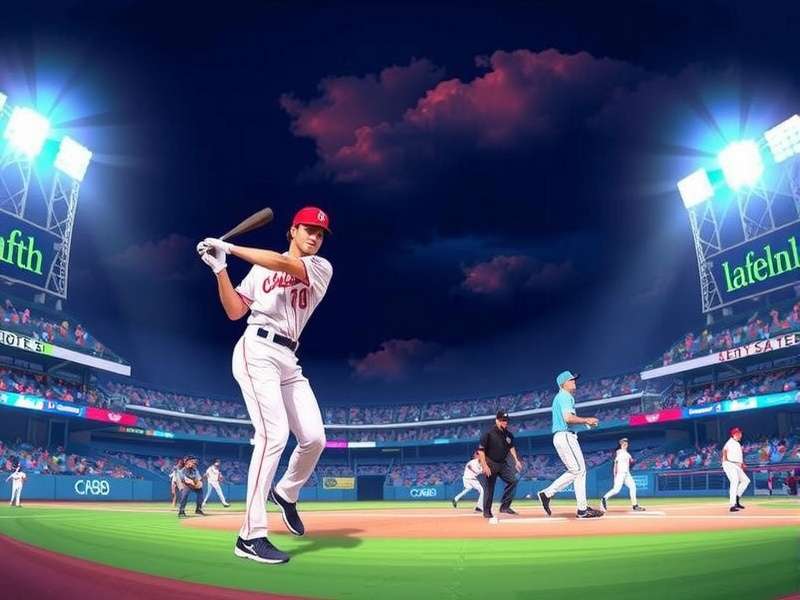 MLB baseball game at night with stadium lights