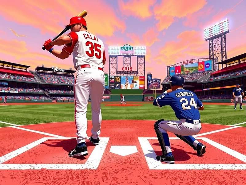 Player experiencing VR baseball game with motion controllers