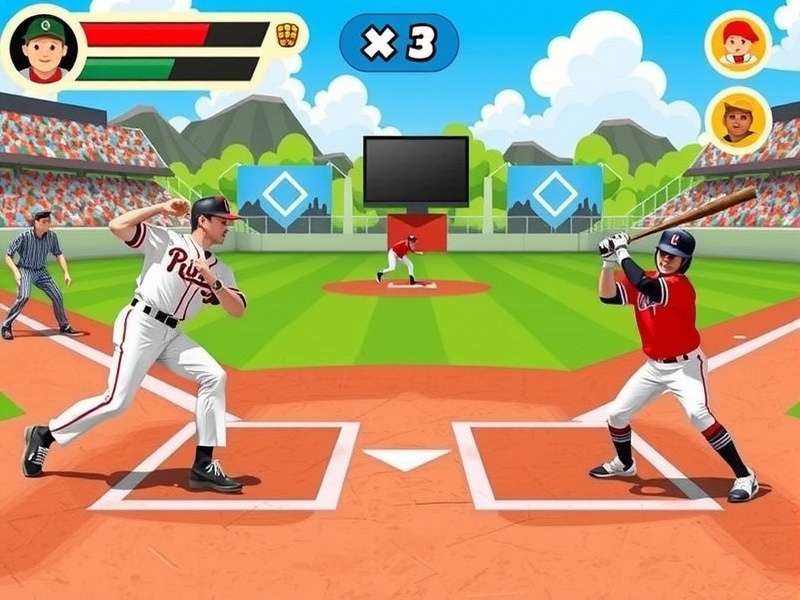 A person playing a browser-based baseball game on a laptop in a casual setting