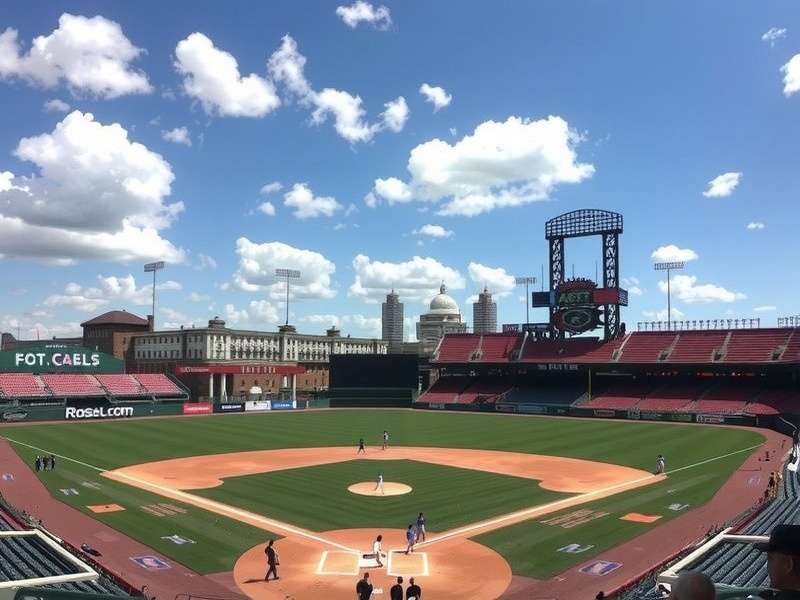 Major League Baseball stadium with green field and packed stands under sunny sky