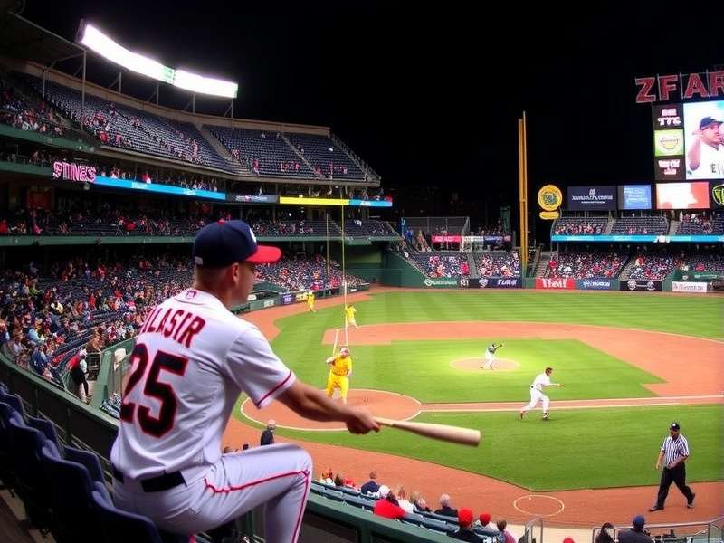 A vibrant baseball stadium at game time with fans holding up their phones and a batter at home plate under floodlights