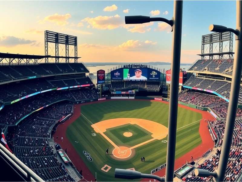 Baseball stadium lit up for tomorrow night's MLB game with fans gathering