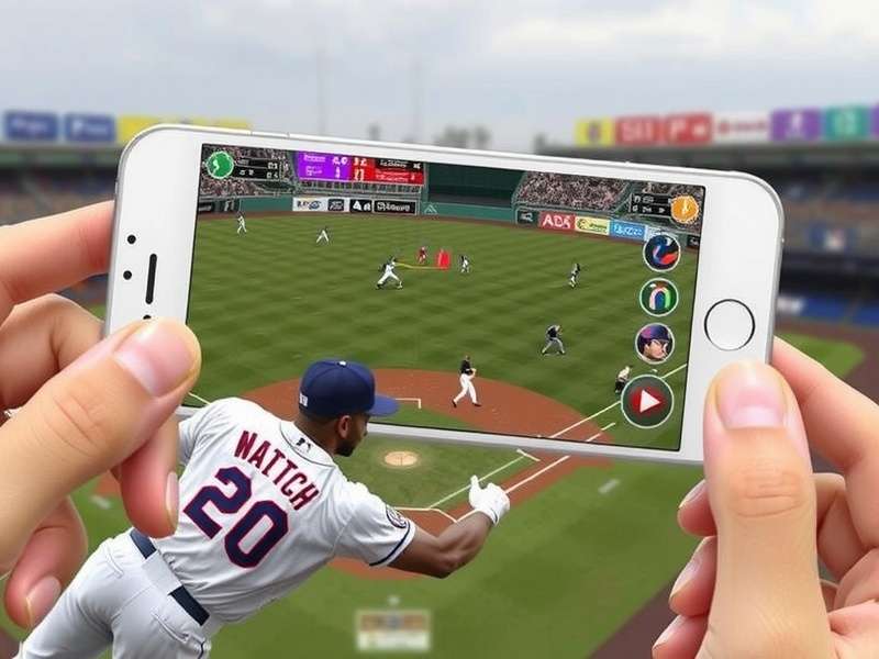 iPhone showing live baseball game streaming with MLB logo and stadium background
