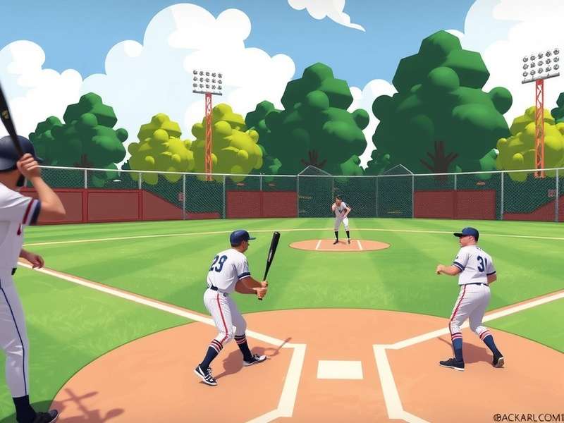 Backyard Baseball – Kids playing baseball in a sunny backyard with wooden fence and grass