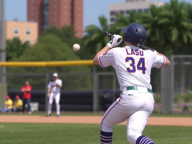 LSU Tigers baseball players celebrating a victory at Alex Box Stadium under stadium lights