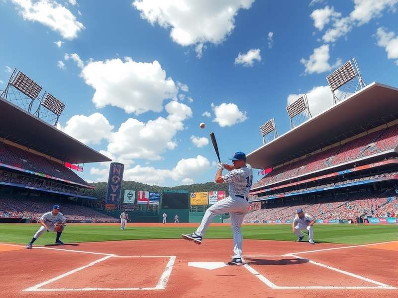 Playoff baseball game action on the field with stadium lights and fans cheering