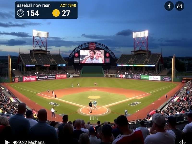 Baseball stadium illuminated at night with fans enjoying a live game under the lights