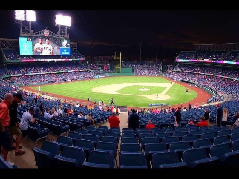Major League Baseball game at sunset with players on the field and crowd cheering