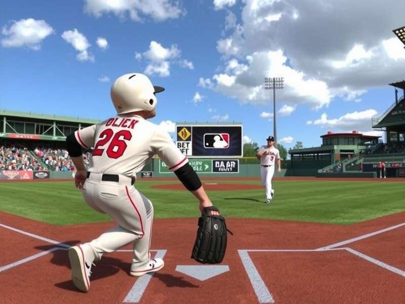 Baseball stadium under evening lights with baseball graphic